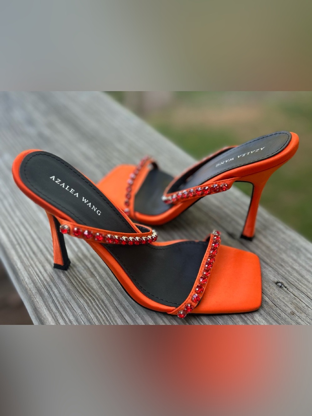 Azalea Wang Satin Orange Embellished  Heeled Mules - Picture 3 of 5